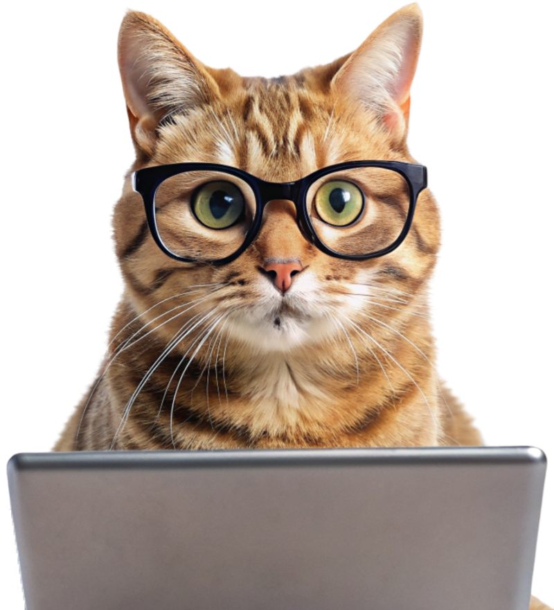 hacker cat with glasses using computer transparent background